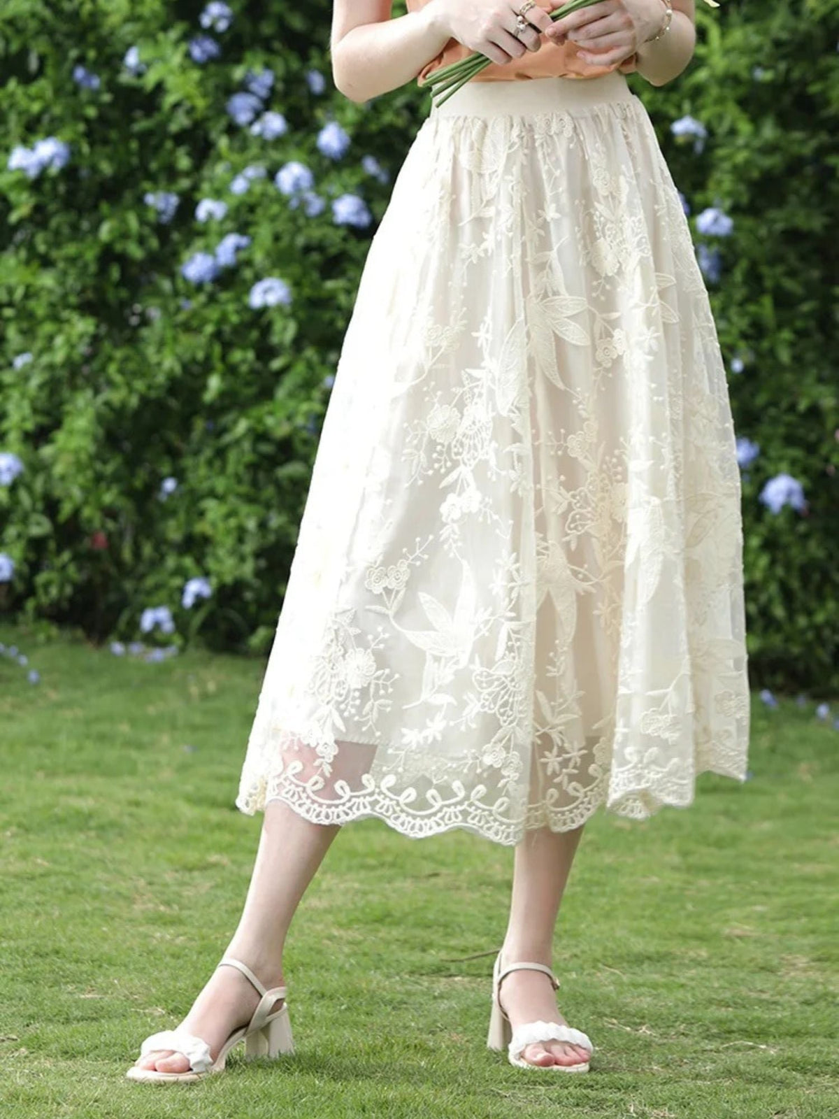 Embroidered Lace Midi Skirt - Women's A-Line Lace Skirt