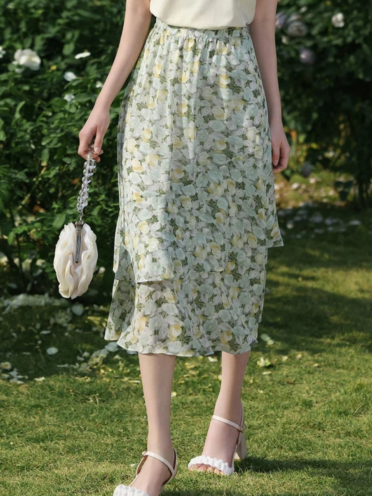 Floral Chiffon Midi Skirt - Women's A-Line Skirt