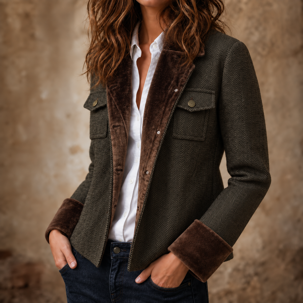 Herrive Herringbone Blazer - Women's Contrast Trim Blazer