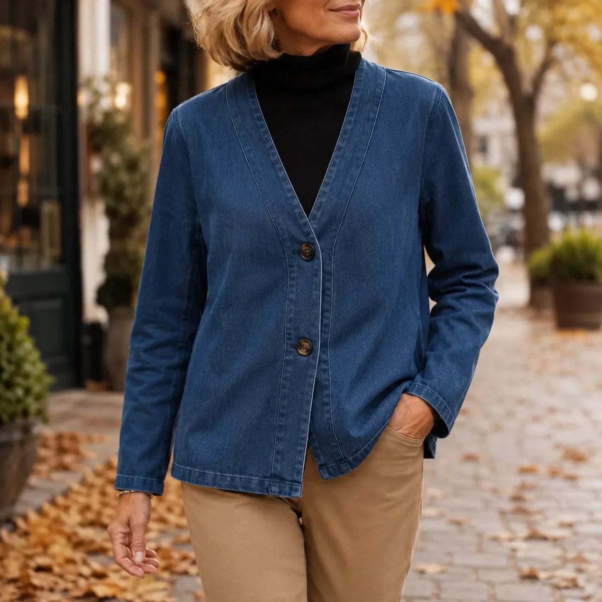 Verelle Collarless Denim Jacket - V-Neck Women's Jacket