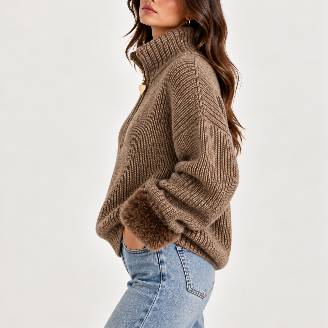 Oversized Half Zip Knit Sweater - Women's Faux Fur Cuffs
