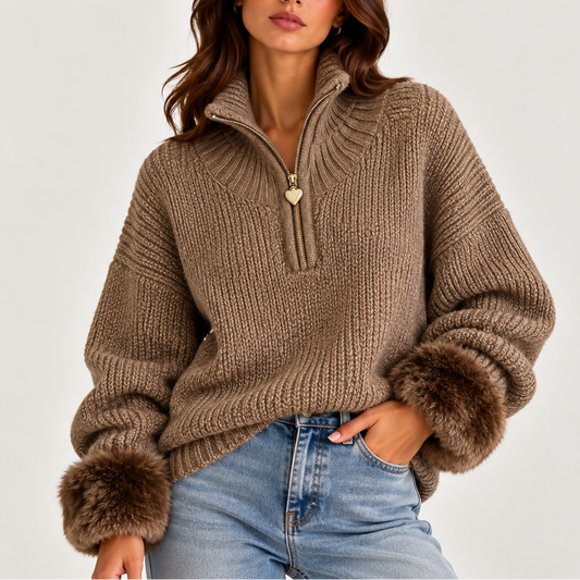 Oversized Half Zip Knit Sweater - Women's Faux Fur Cuffs