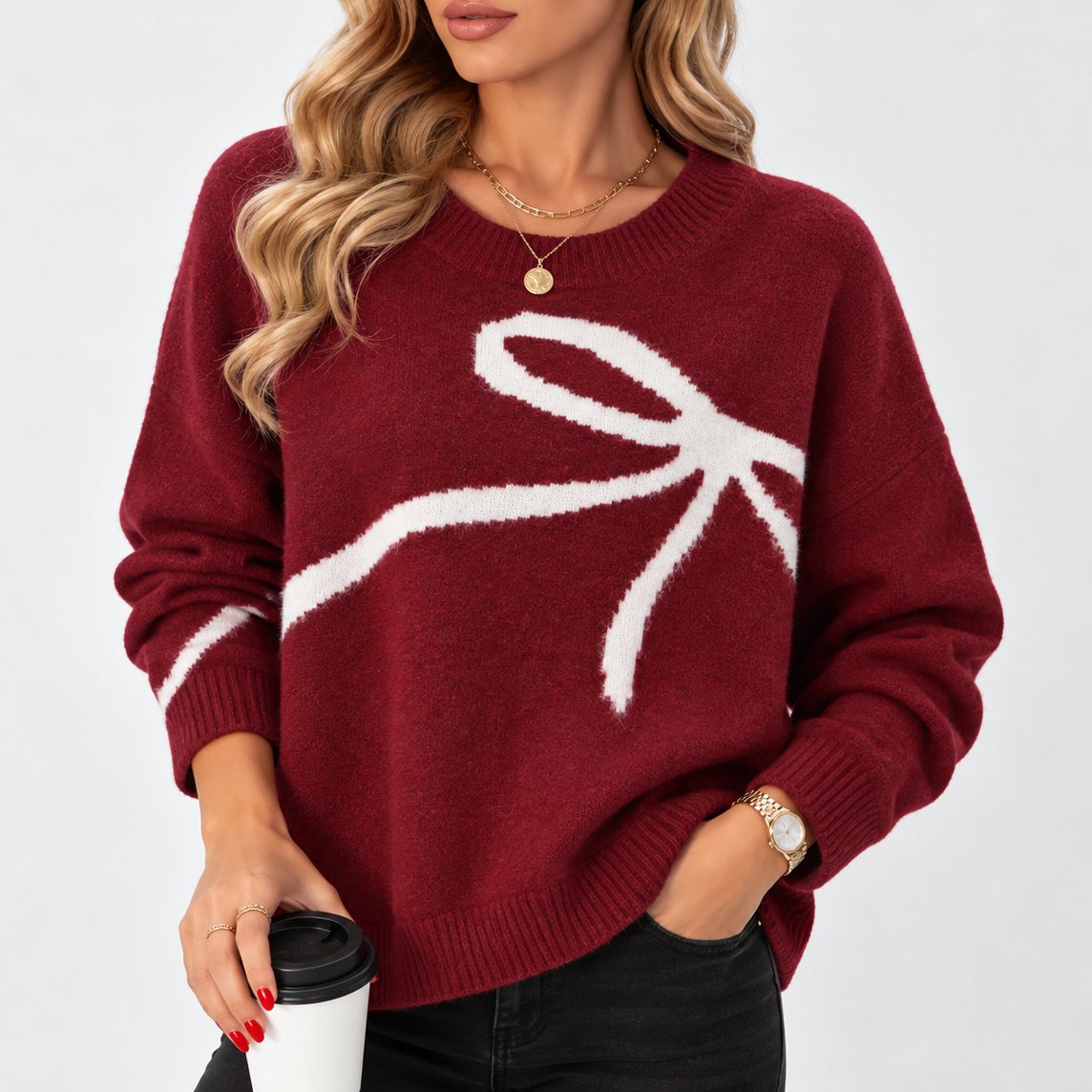 V-Neck Sweater - Oversized Women's Jumper with Bow Print