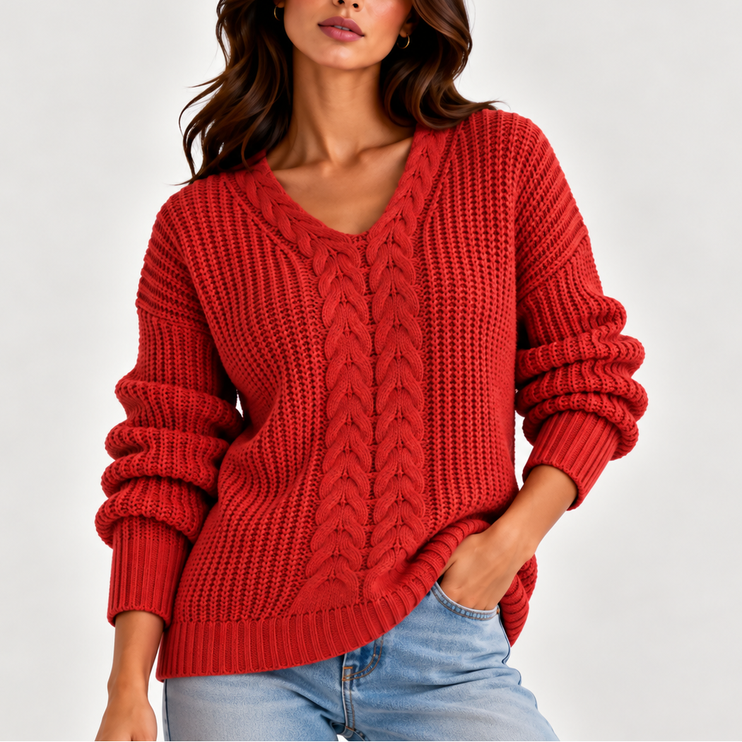 Cable Knit V-Neck Sweater - Women's Long Sleeve Jumper