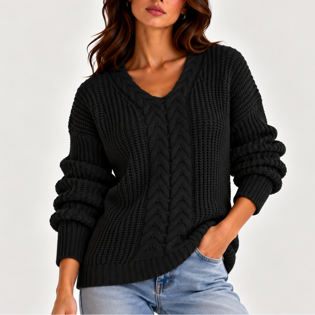 Cable Knit V-Neck Sweater - Women's Long Sleeve Jumper