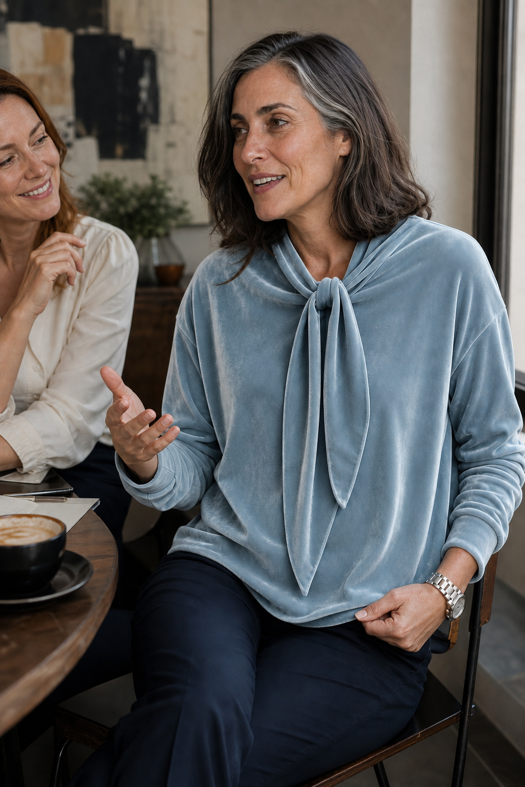 Tievelle - Velvet Tie-Neck Relaxed Women's Blouse