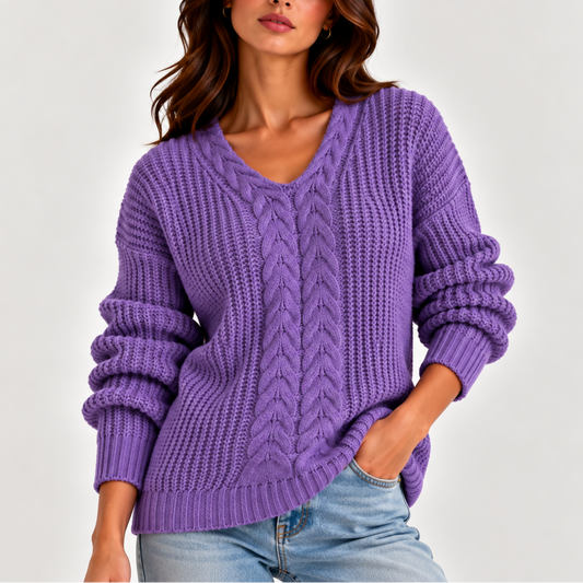 Cable Knit V-Neck Sweater - Women's Long Sleeve Jumper