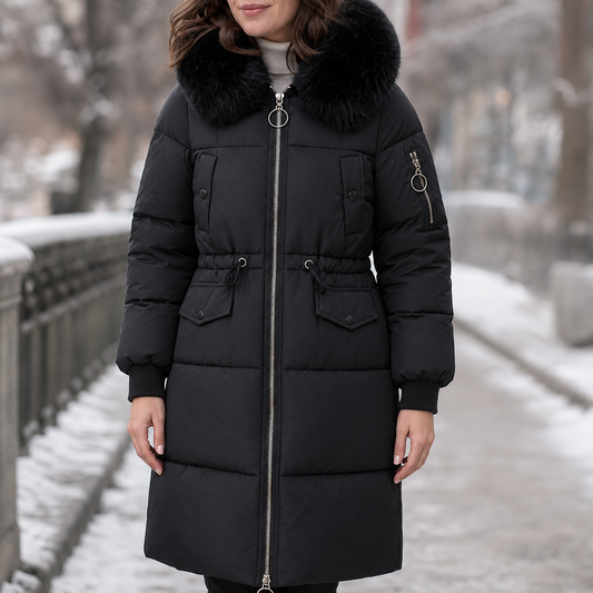 Veluna Padded Winter Coat - Plush Hood Trim Women's Coat