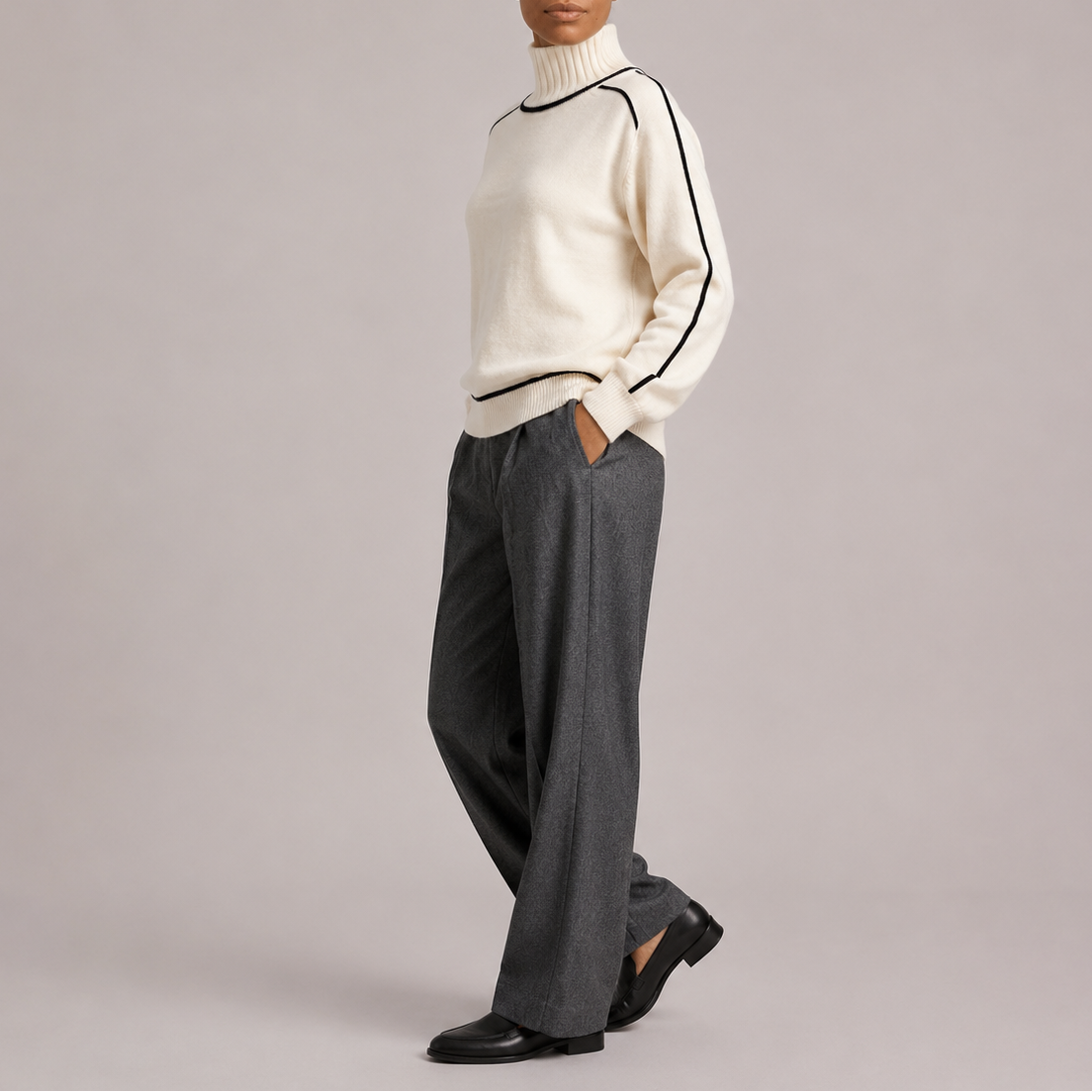 Turtleneck Sweater - Contrast Trim Women's Knit Jumper