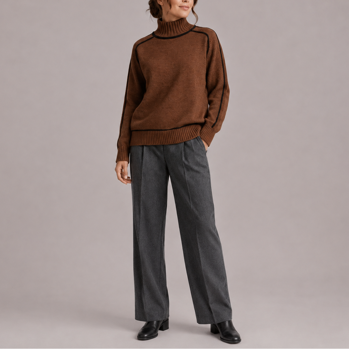 Turtleneck Sweater - Contrast Trim Women's Knit Jumper