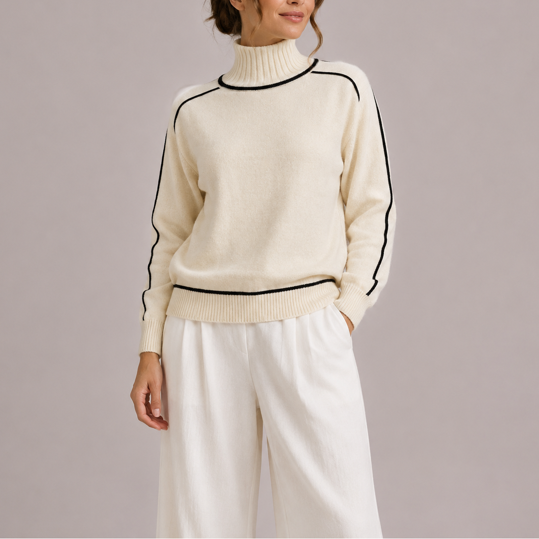 Turtleneck Sweater - Contrast Trim Women's Knit Jumper