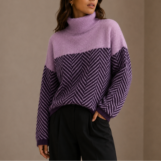 Herringbone Turtleneck Sweater - Oversized Women's Jumper