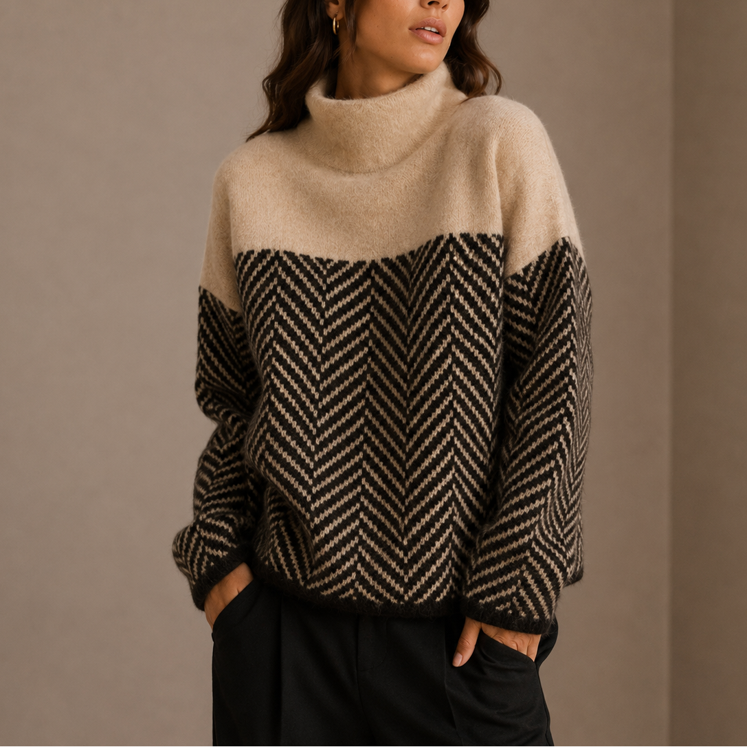Herringbone Turtleneck Sweater - Oversized Women's Jumper