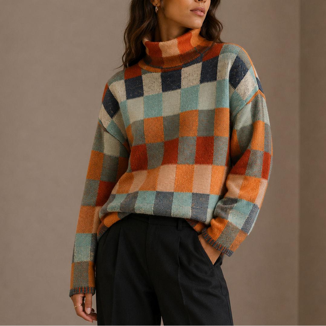 Checkered Turtleneck Sweater - Oversized Women's Jumper