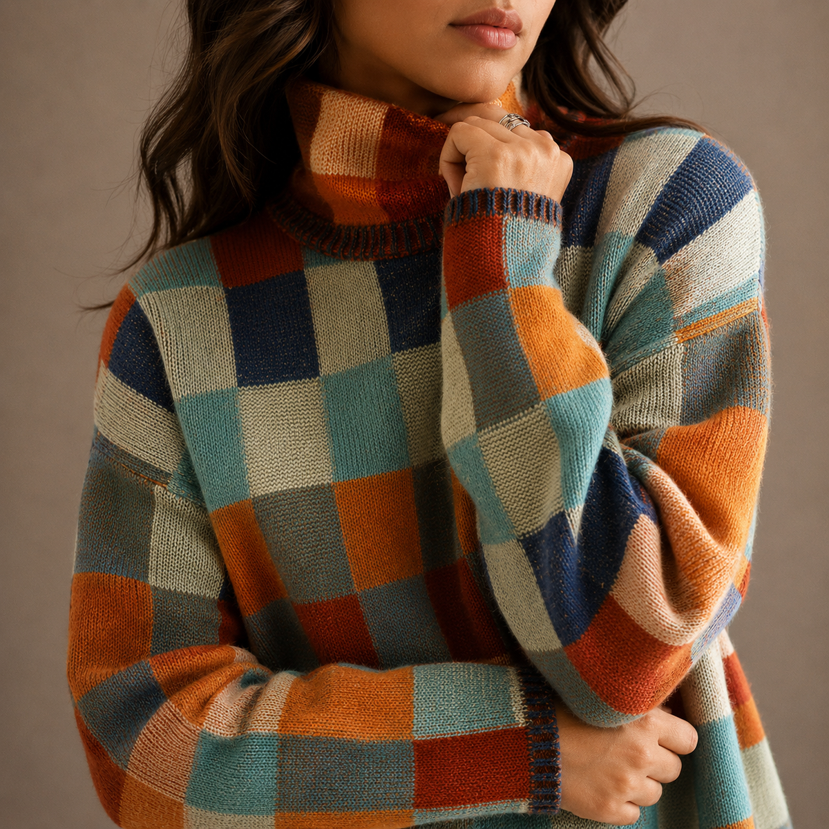 Checkered Turtleneck Sweater - Oversized Women's Jumper