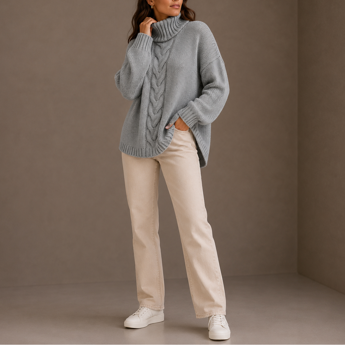 Cable Knit Turtleneck Sweater - Oversized Women's Jumper
