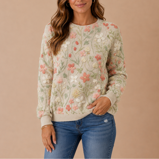Floral Knit Sweater - Embroidered Flower Women's Jumper