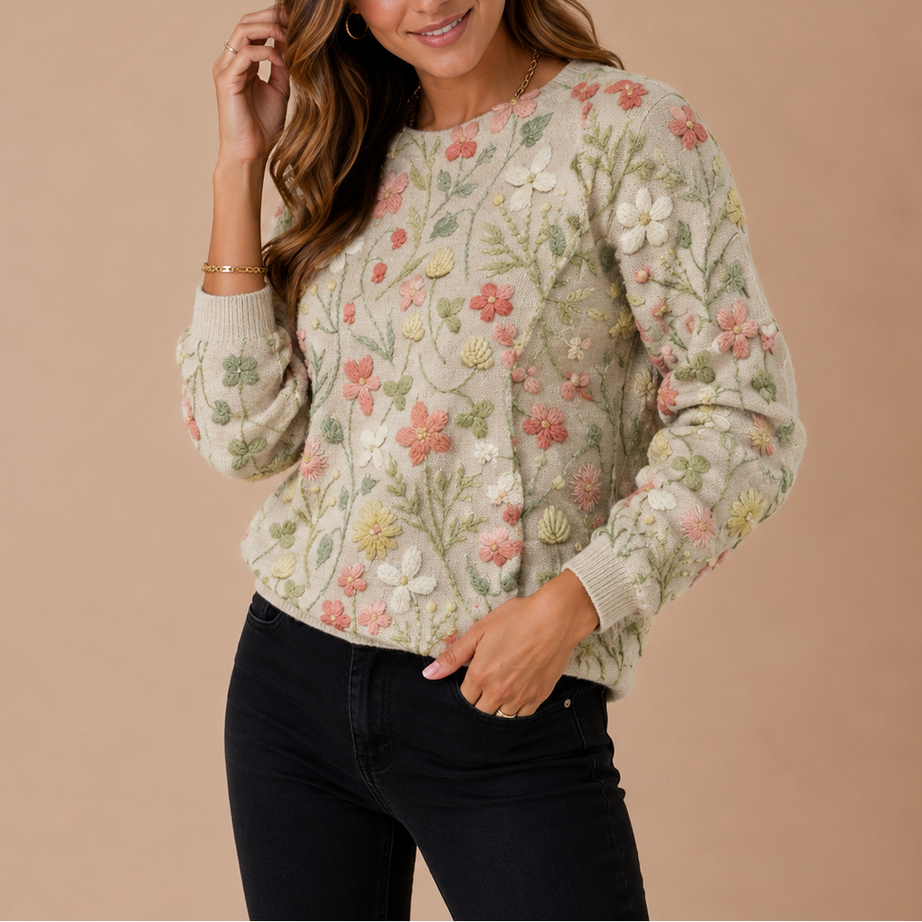 Floral Knit Sweater - Embroidered Flower Women's Jumper