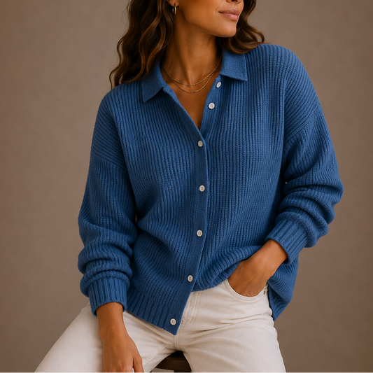 Knit Cardigan - Collared Button Up Women's Relaxed Fit