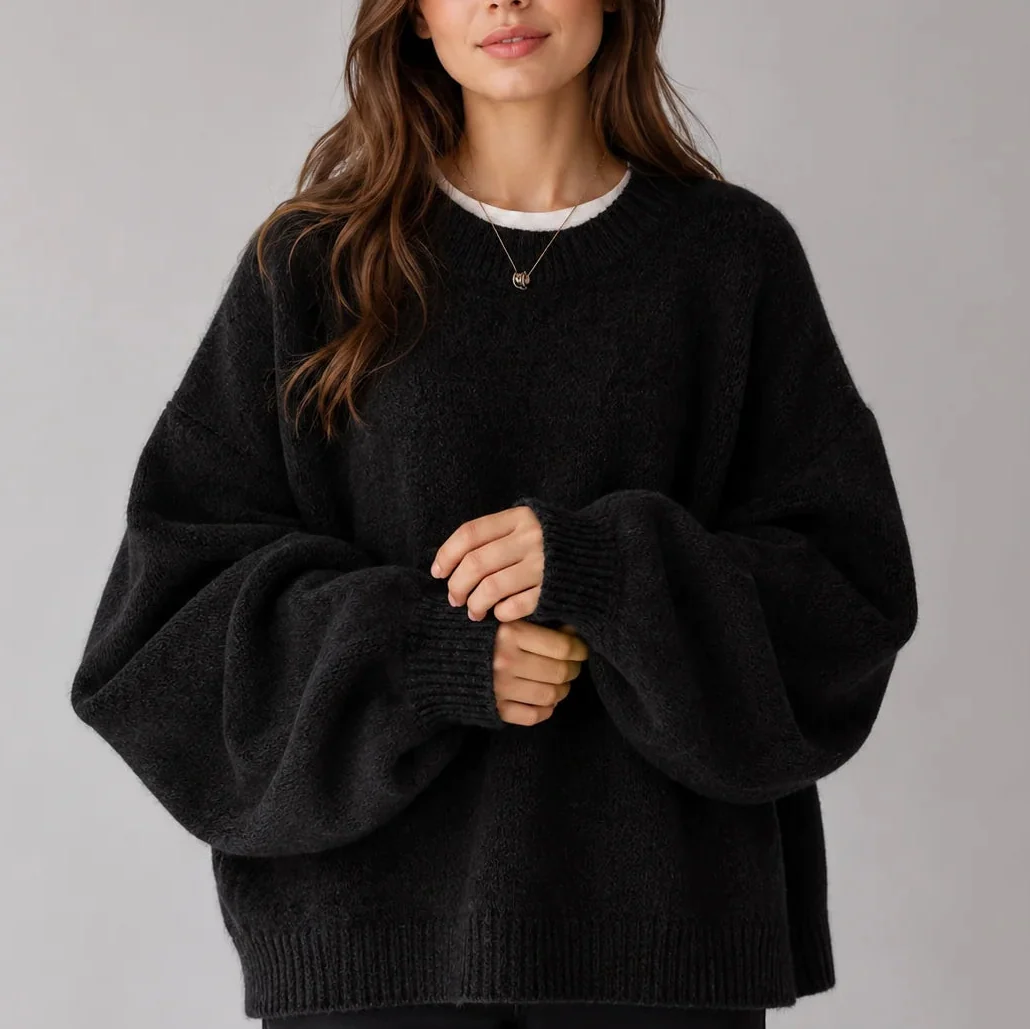 Oversized Knit Jumper - Balloon Sleeve Women's Crew Neck