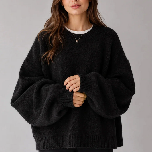 Oversized Knit Jumper - Balloon Sleeve Women's Crew Neck
