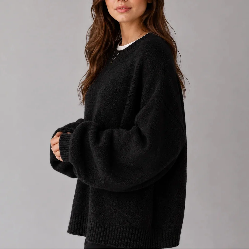 Oversized Knit Jumper - Balloon Sleeve Women's Crew Neck