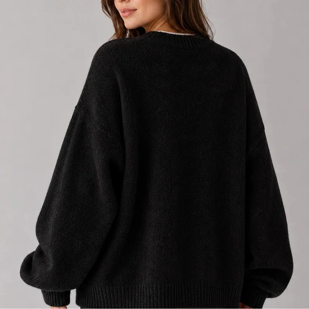 Oversized Knit Jumper - Balloon Sleeve Women's Crew Neck