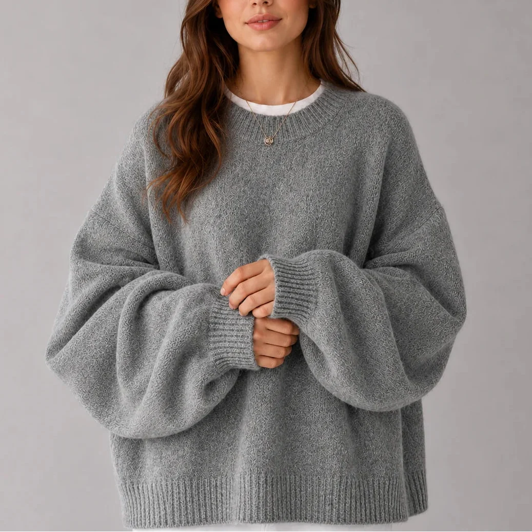 Oversized Knit Jumper - Balloon Sleeve Women's Crew Neck