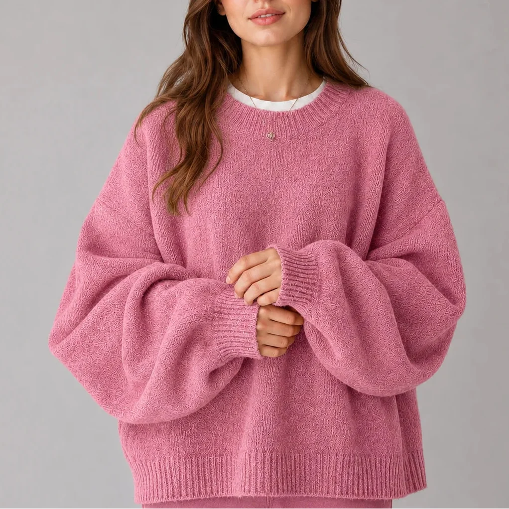 Oversized Knit Jumper - Balloon Sleeve Women's Crew Neck