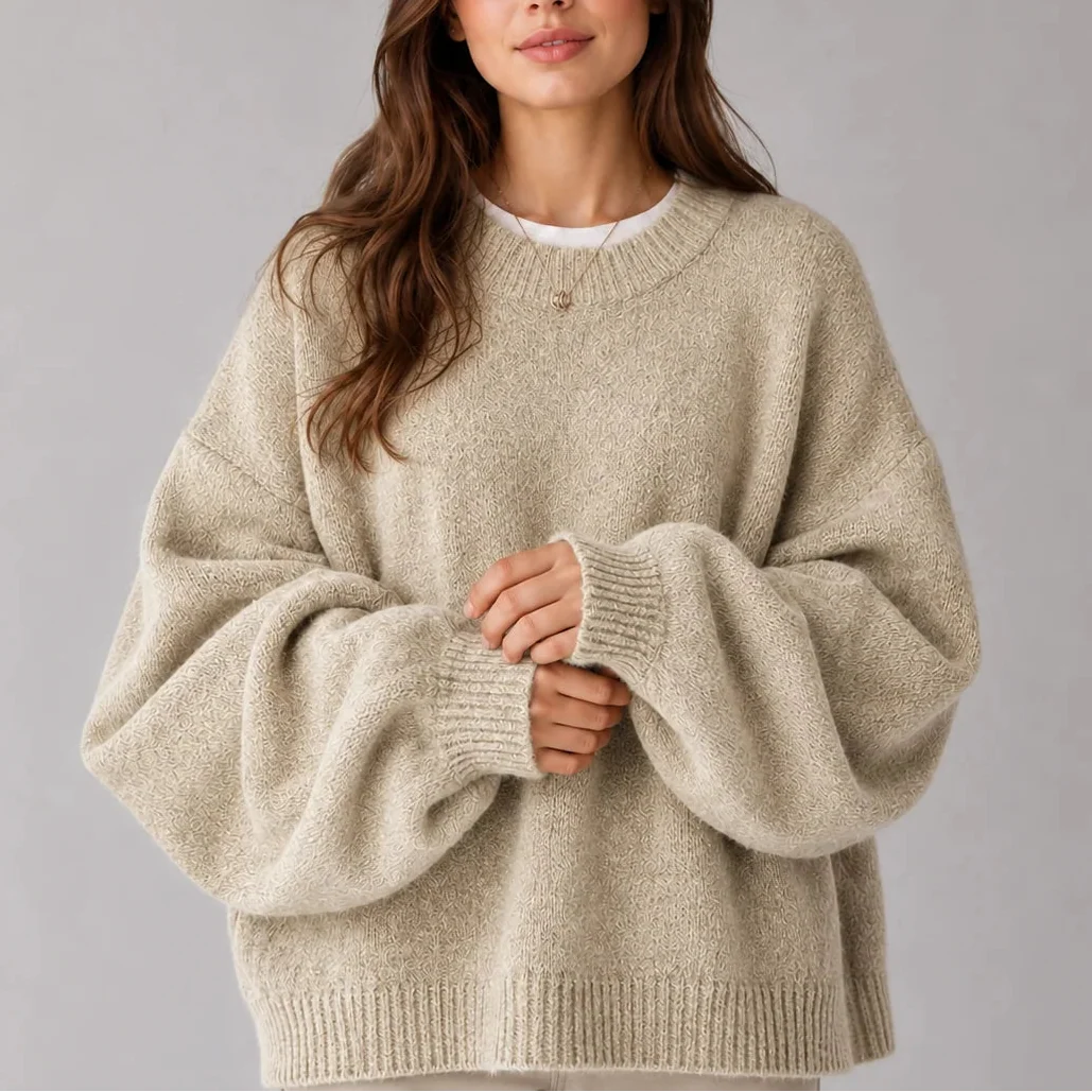 Oversized Knit Jumper - Balloon Sleeve Women's Crew Neck