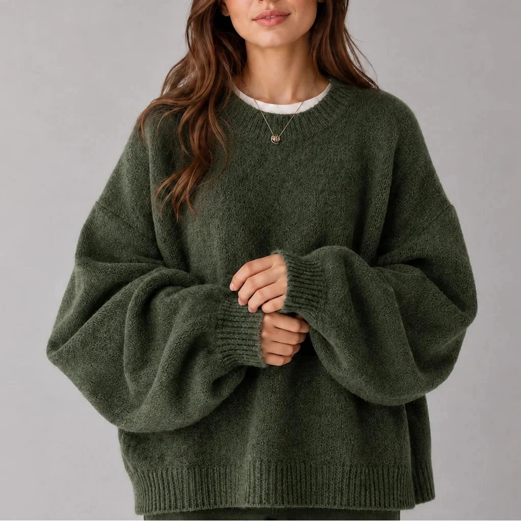 Oversized Knit Jumper - Balloon Sleeve Women's Crew Neck