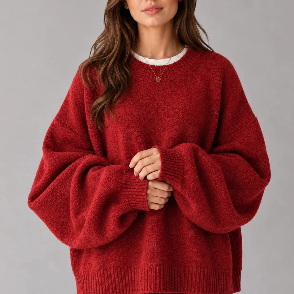 Oversized Knit Jumper - Balloon Sleeve Women's Crew Neck
