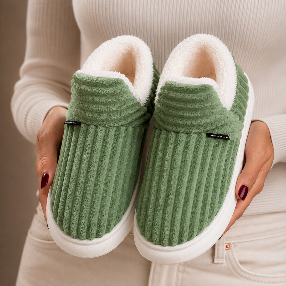 Ribbed Winter Slippers - Women's Fleece Lined Slippers