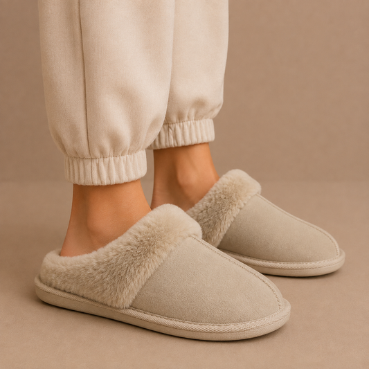 Suede Mule Slippers - Women's Faux Fur Lined Slippers