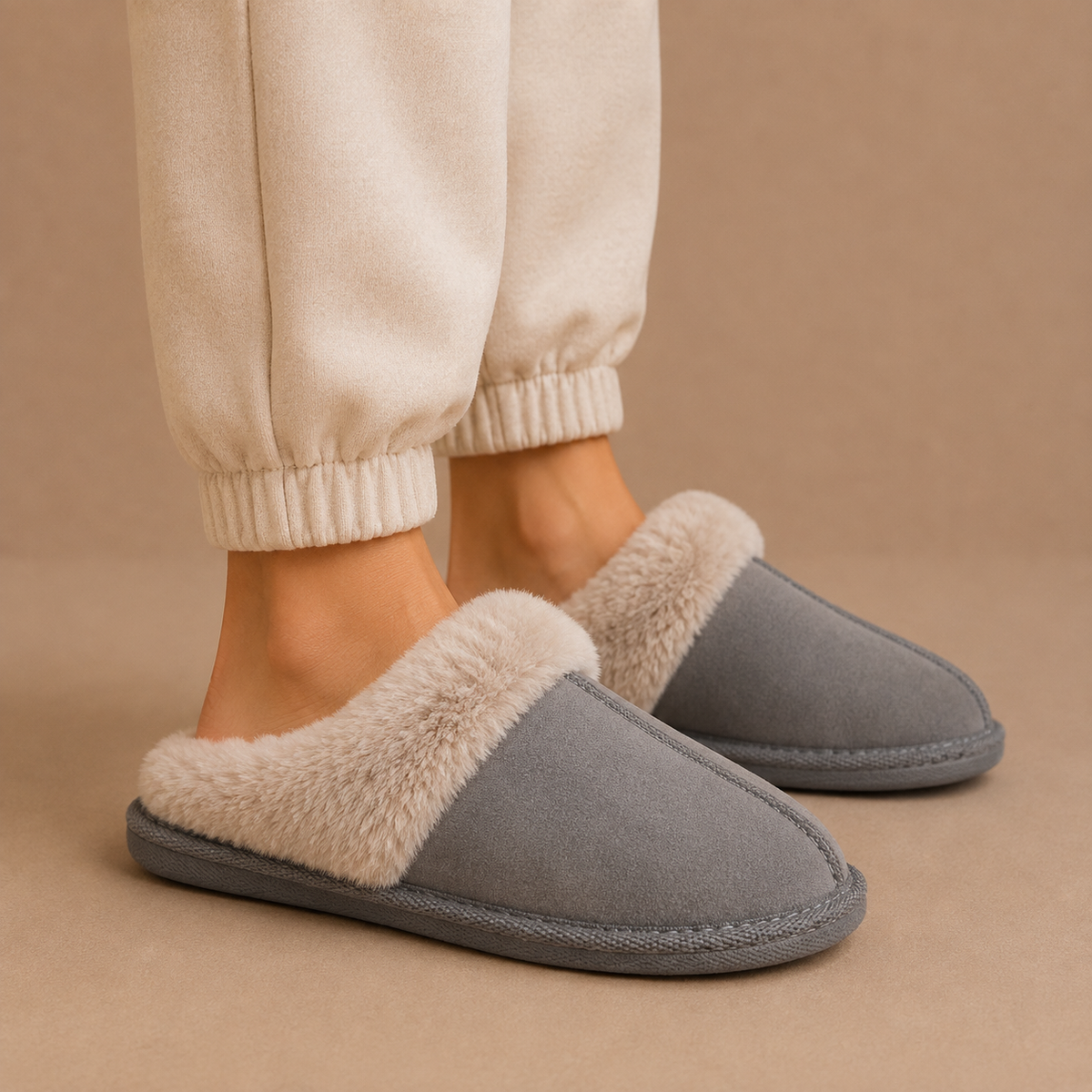 Suede Mule Slippers - Women's Faux Fur Lined Slippers