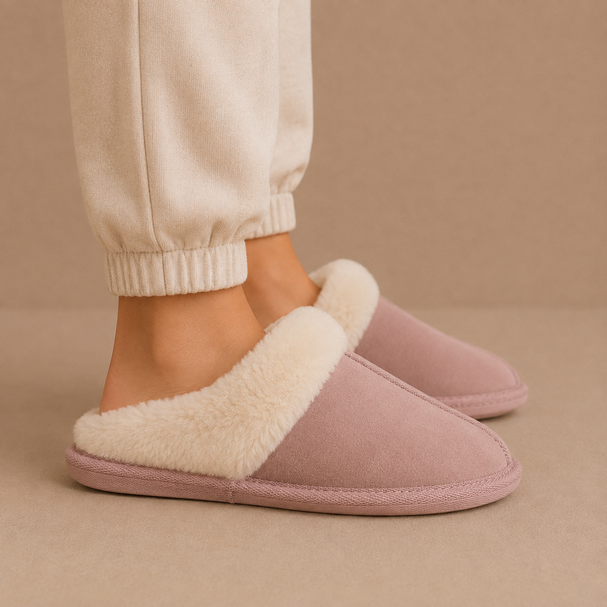 Suede Mule Slippers - Women's Faux Fur Lined Slippers
