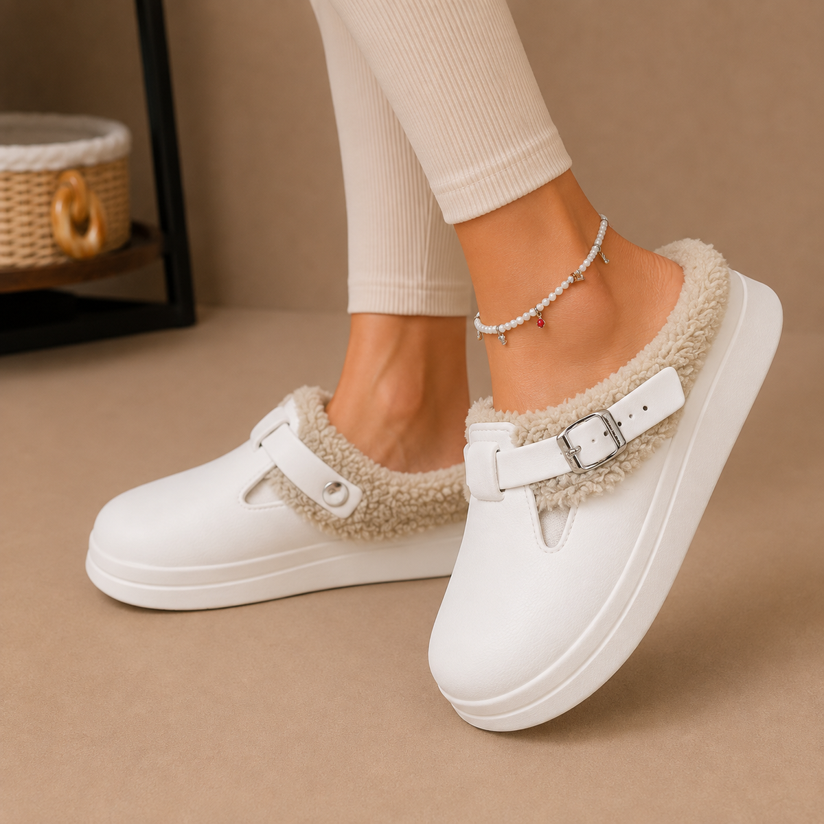 Fleece Lined Slippers - Women's Buckle Slip On Slippers