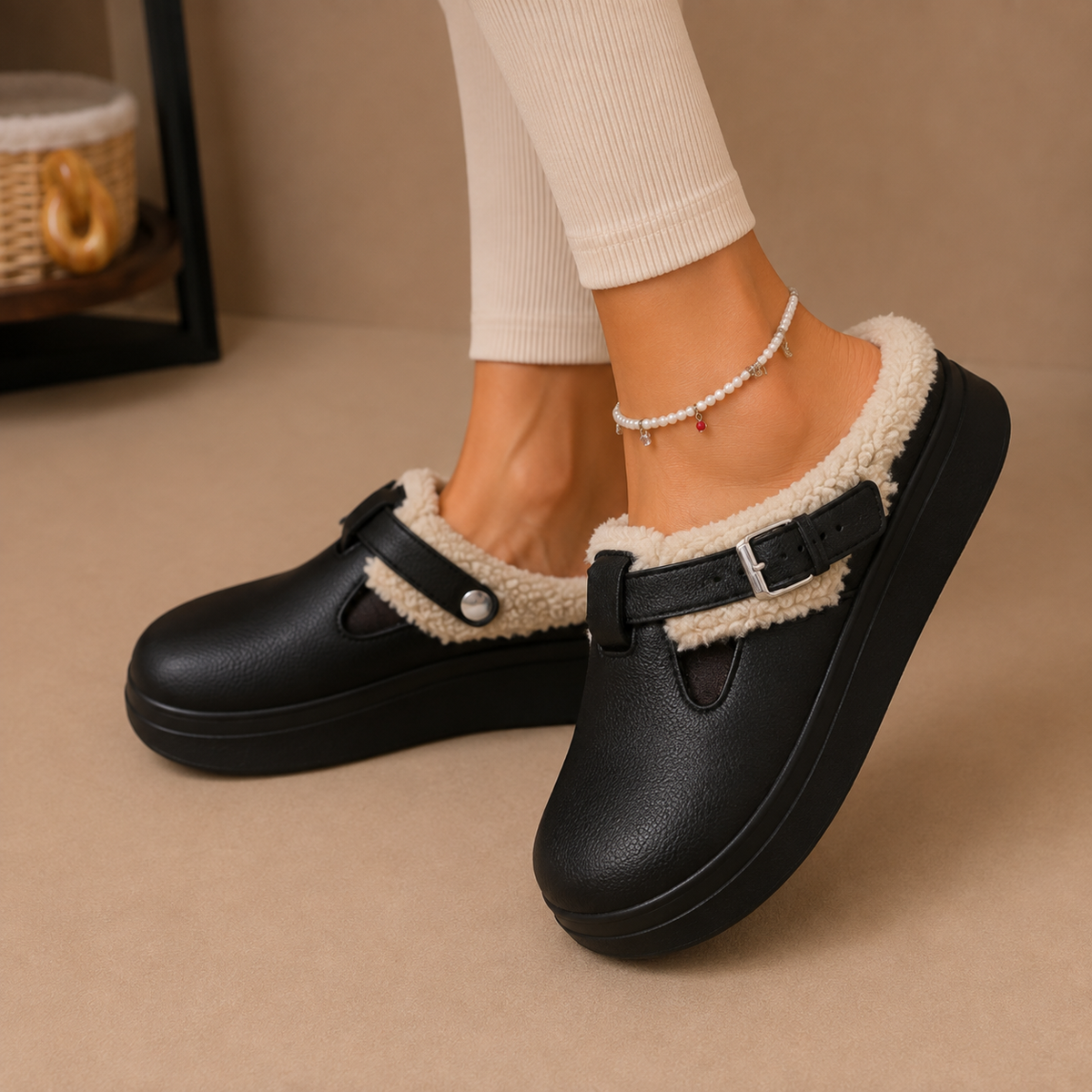 Fleece Lined Slippers - Women's Buckle Slip On Slippers