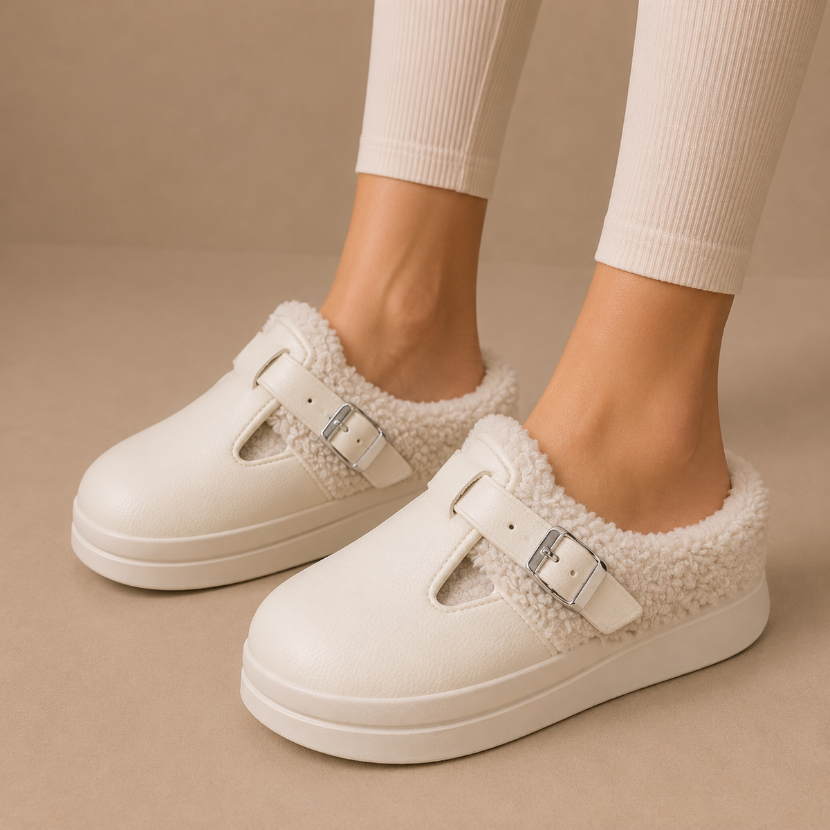 Fleece Lined Slippers - Women's Buckle Slip On Slippers