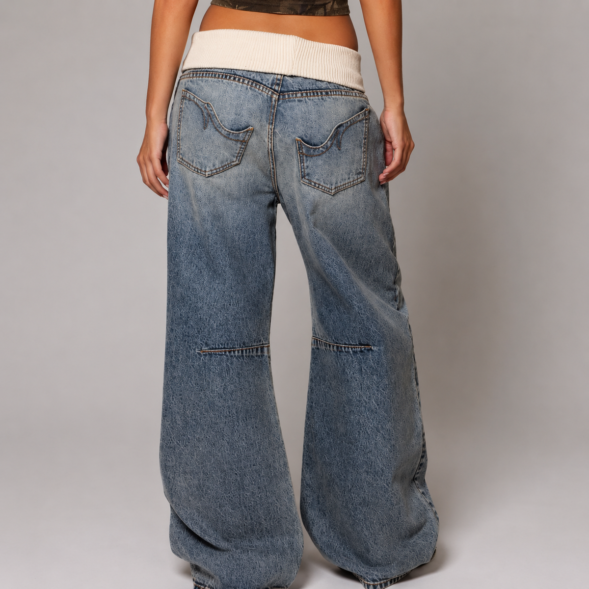 Baggy Wide Leg Jeans - Ribbed Waistband Women's Jeans