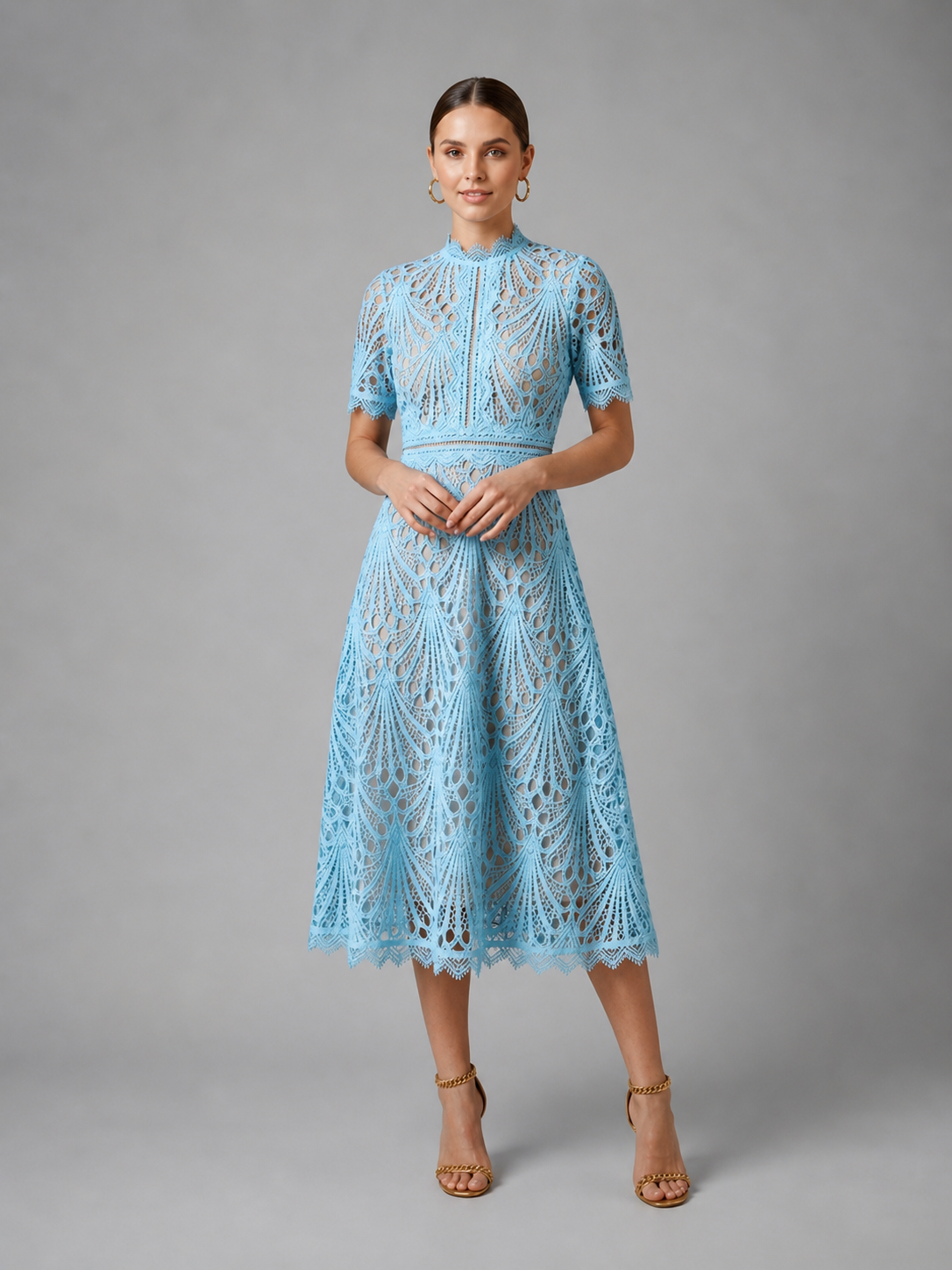 Thalia Lace Midi Dress - Women's High Neck Lace Dress