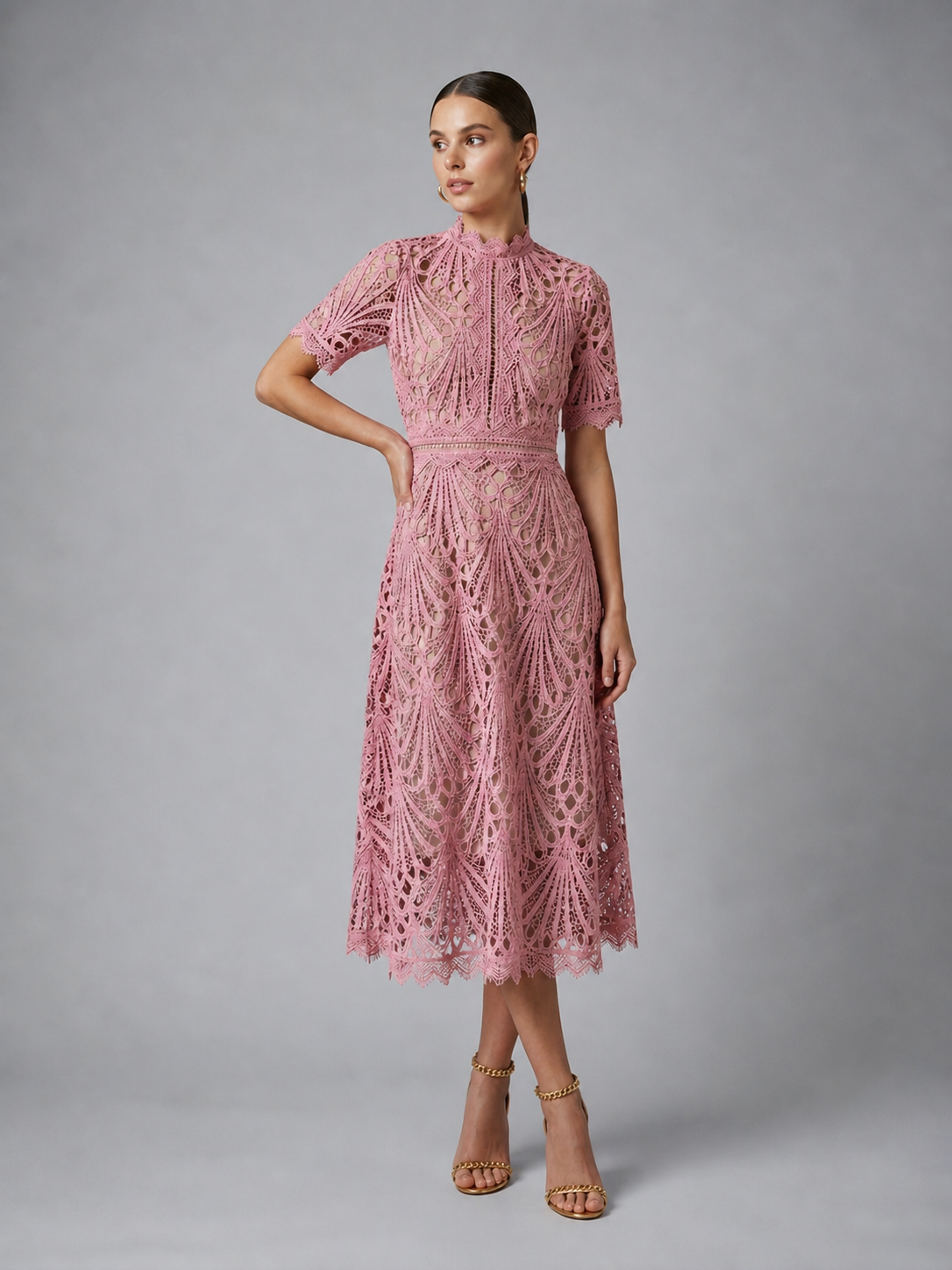 Thalia Lace Midi Dress - Women's High Neck Lace Dress