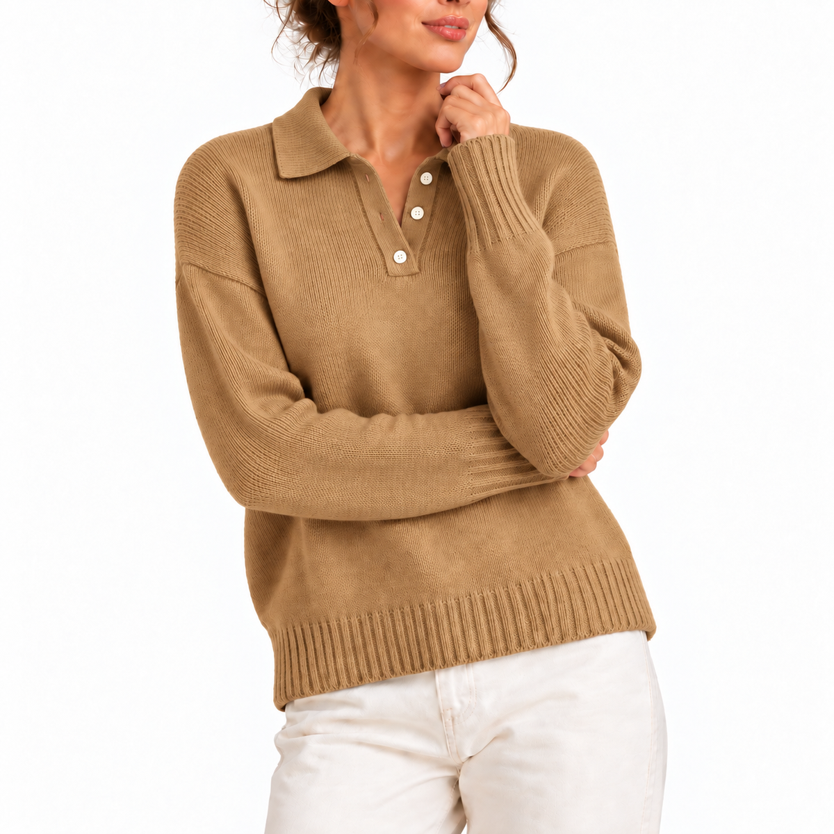 Knit Collar Polo Sweater - Women's Button Placket Jumper
