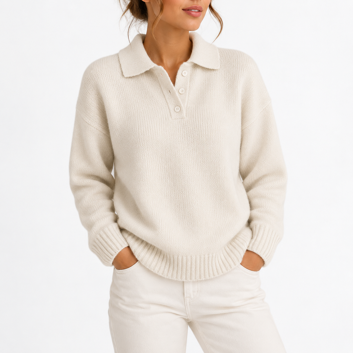 Knit Collar Polo Sweater - Women's Button Placket Jumper