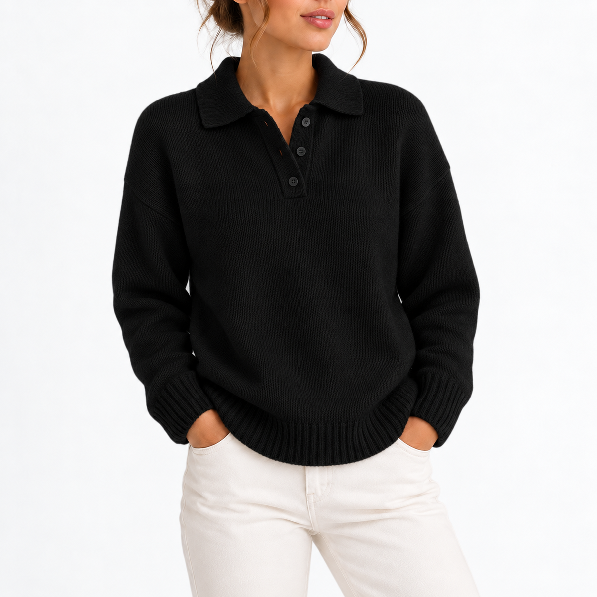 Knit Collar Polo Sweater - Women's Button Placket Jumper