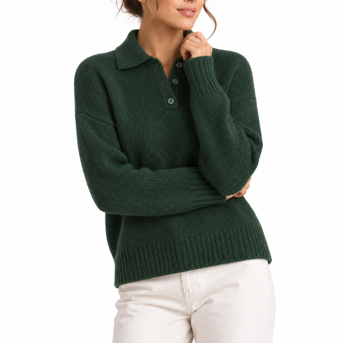 Knit Collar Polo Sweater - Women's Button Placket Jumper
