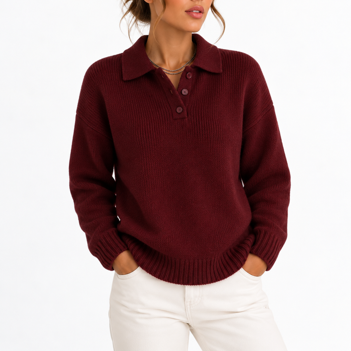Knit Collar Polo Sweater - Women's Button Placket Jumper