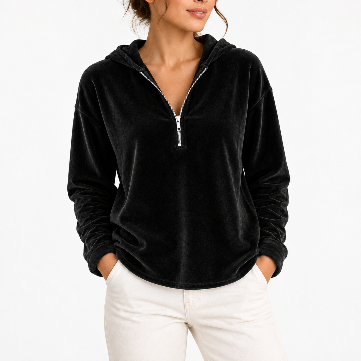 Velvet Quarter Zip Hoodie - Women's Long Sleeve Top
