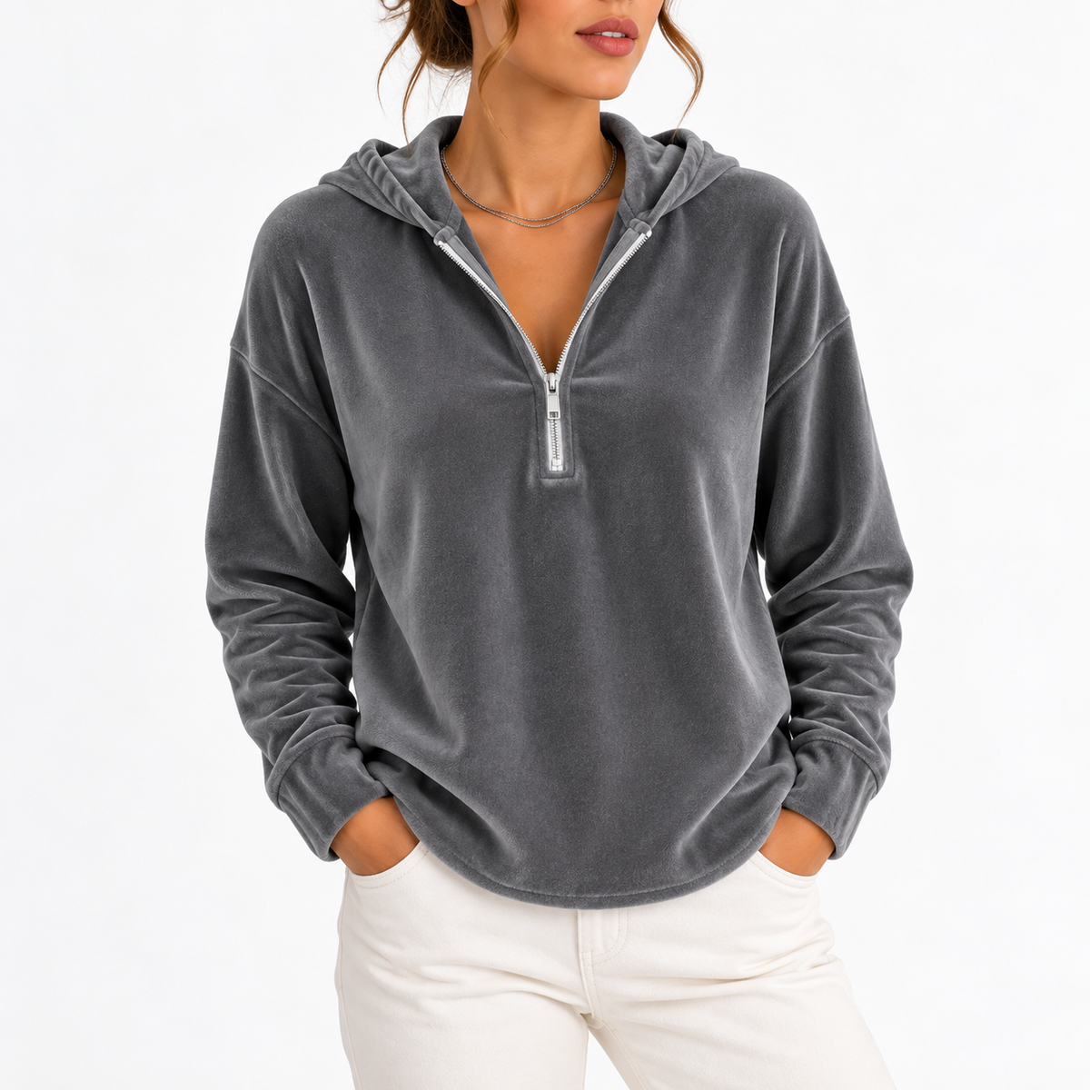 Velvet Quarter Zip Hoodie - Women's Long Sleeve Top
