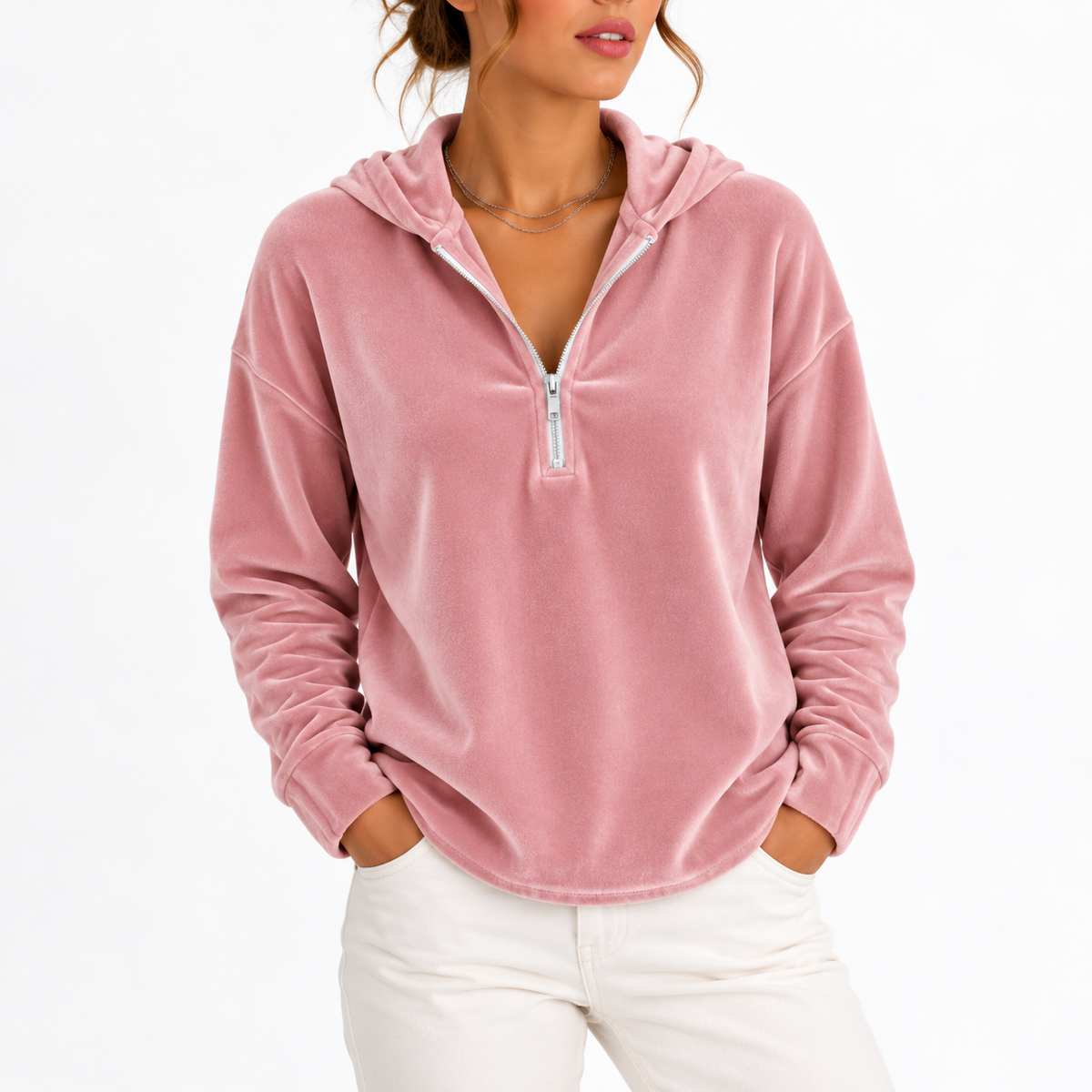 Velvet Quarter Zip Hoodie - Women's Long Sleeve Top
